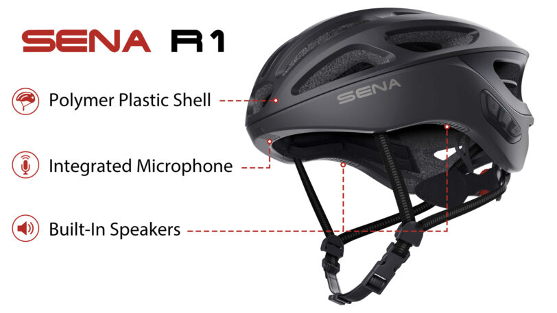 Casco bici Sena R1 con interfono, radio, connessione al cellulare, comandi vocali e luci di posizione