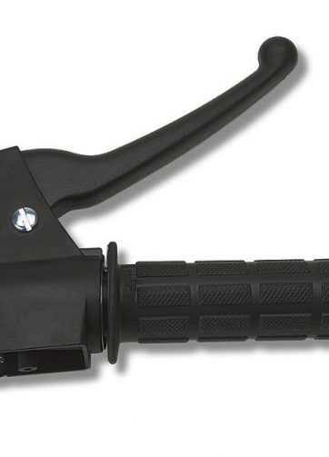 domino comando gas ciclomotore scooter completo di leva in resina acetalica, manopola nera, attacco per  dispositivo elettrico ed impianto stop. (codice leva 3833.73)materiale: alluminionero.mono cavo