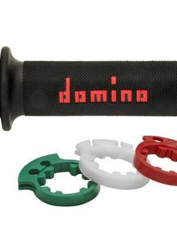 comando gas domino oro verniciato in alluminio con manopole mod a010 nero/rossa con tre ghiere verde, bianca e rossa 3846.03-01