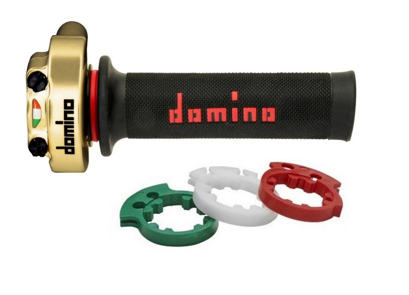comando gas domino oro verniciato in alluminio con manopole mod a010 nero/rossa con tre ghiere verde, bianca e rossa 3846.03-01