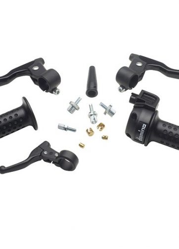 domino kit comando gas universale per  moto e ciclomotore compresivo di manopole destra e sinistra, leva gas, frizione ed aria. realizzato in allumionio pressofuso.