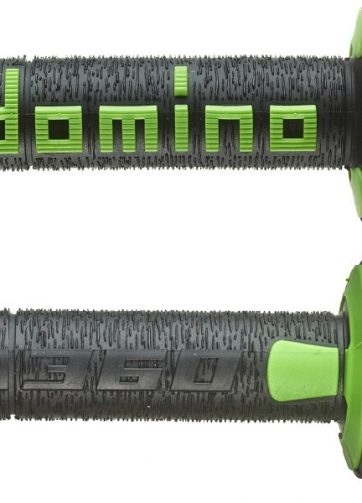domino coppia manopole in gomma scritta domino grande modello a360 in gomma bicolore nero / verde per moto off road cross / enduro lunghezza: 120 mm